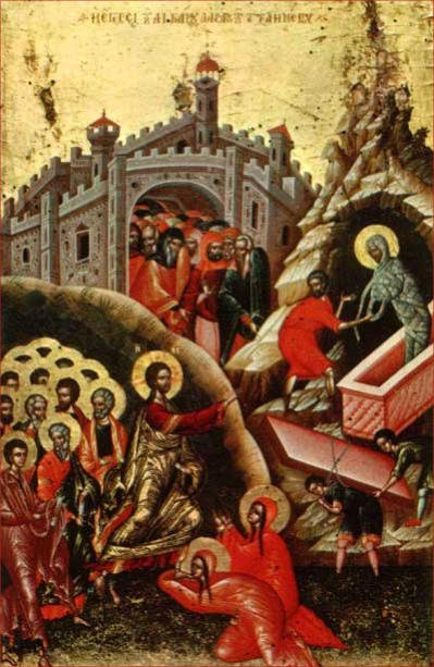 "The Resurrection of Lazarus",Byzantine icon painted by Onufri (Onouphrios),16th cent. Museum of Mediaeval Art in Korça